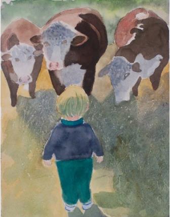 Farm girl watching cows