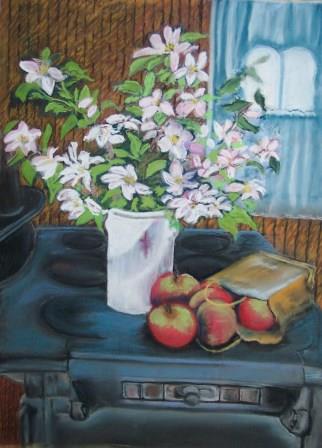 Painting of Farmhouse Dining Room Wood Stove