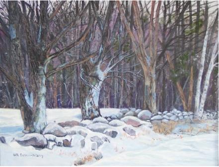 Painting of Farm Rock Wall in Winter